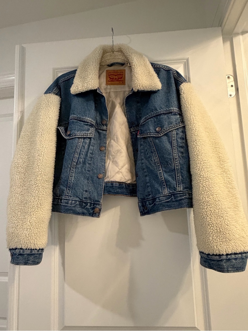 Levi's Blue Denim Jacket with Cream Sherpa Sleeves and Collar